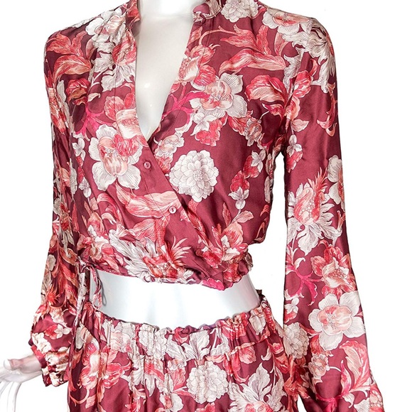 ZARA FLORAL VOLUMINOUS MAROON BLOUSE/ BOTTOM SZ L - Picture 4 of 11